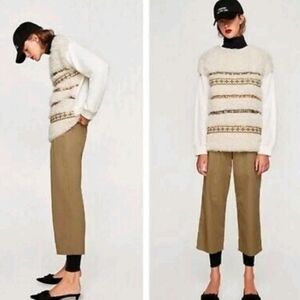 Zara Trafaluc Tribal Embellished Crew Neck Sweatshirt Shaggy Sweater S White